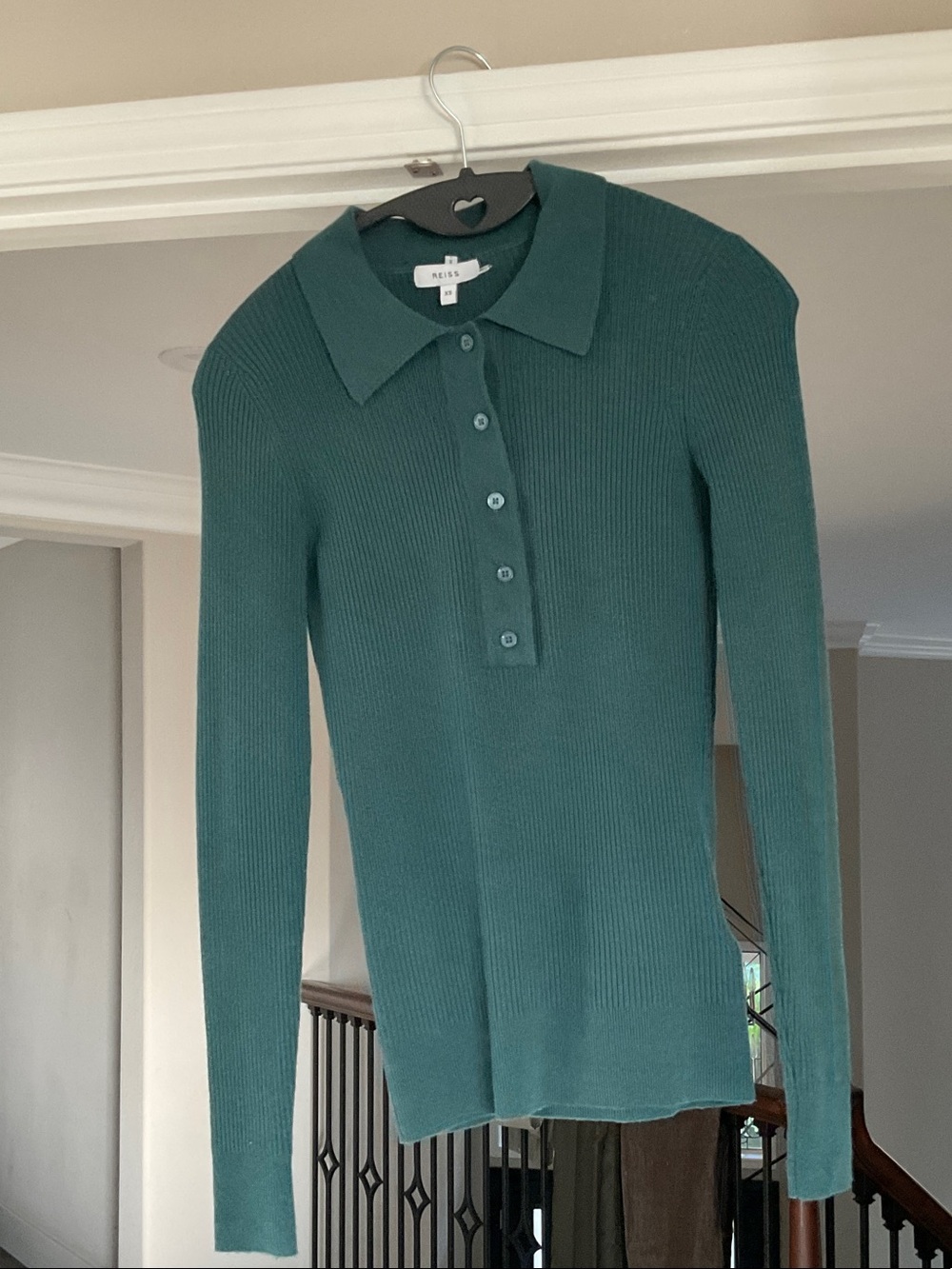 Reiss Teal Ribbed Button-Front Long Sleeve Polo